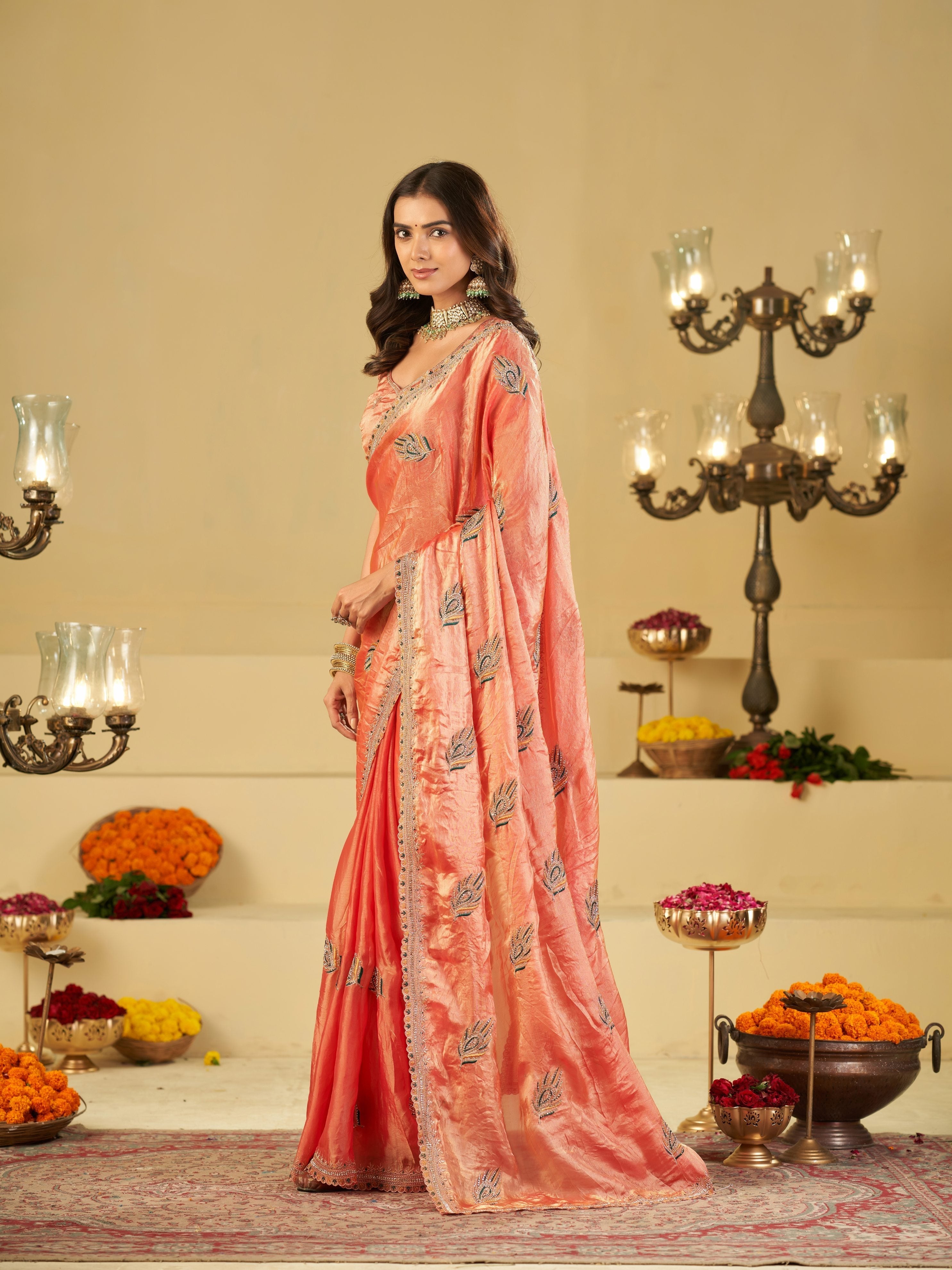 Peach Pink Designer Fendy Satin Saree with Embroidered Peacock Feather Motifs & Elegant Lace Border | Premium Festive Party Wear Saree
