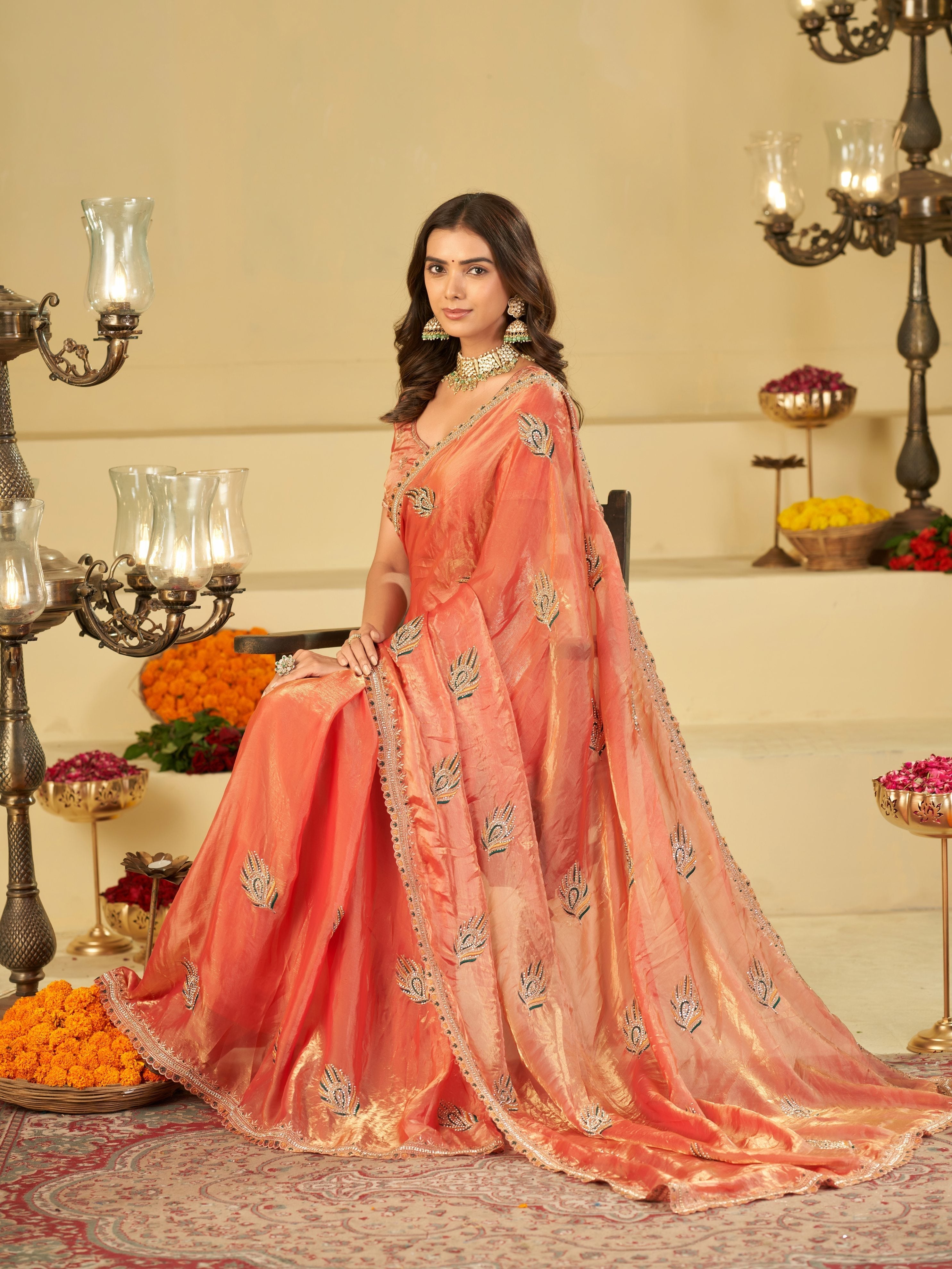 Peach Pink Designer Fendy Satin Saree with Embroidered Peacock Feather Motifs & Elegant Lace Border | Premium Festive Party Wear Saree