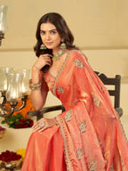 Peach Pink Designer Fendy Satin Saree with Embroidered Peacock Feather Motifs & Elegant Lace Border | Premium Festive Party Wear Saree