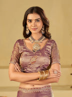 Lavender Designer Fendy Satin Saree with Embroidered Leaf Motifs & Elegant Lace Border | Premium Festive Party Wear Saree with Matching Blouse