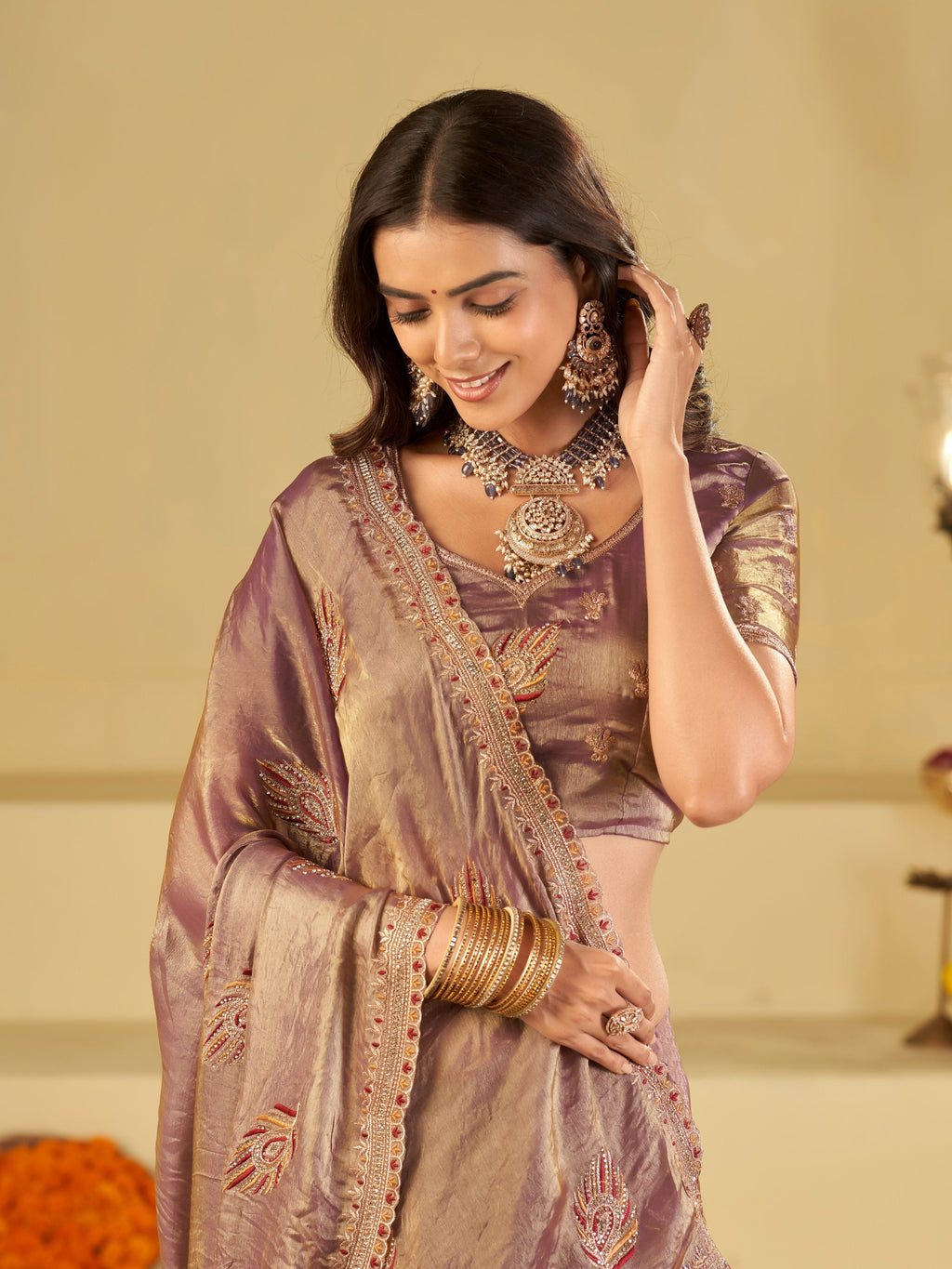 Lavender Designer Fendy Satin Saree with Embroidered Leaf Motifs & Elegant Lace Border | Premium Festive Party Wear Saree with Matching Blouse