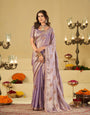 Lavender Purple Designer Fendy Satin Saree with Embroidered Leaf Motifs & Elegant Lace Border | Premium Festive Party Wear Saree with Matching Blouse