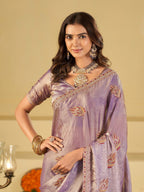 Lavender Purple Designer Fendy Satin Saree with Embroidered Leaf Motifs & Elegant Lace Border | Premium Festive Party Wear Saree with Matching Blouse