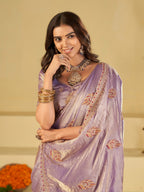 Lavender Purple Designer Fendy Satin Saree with Embroidered Leaf Motifs & Elegant Lace Border | Premium Festive Party Wear Saree with Matching Blouse