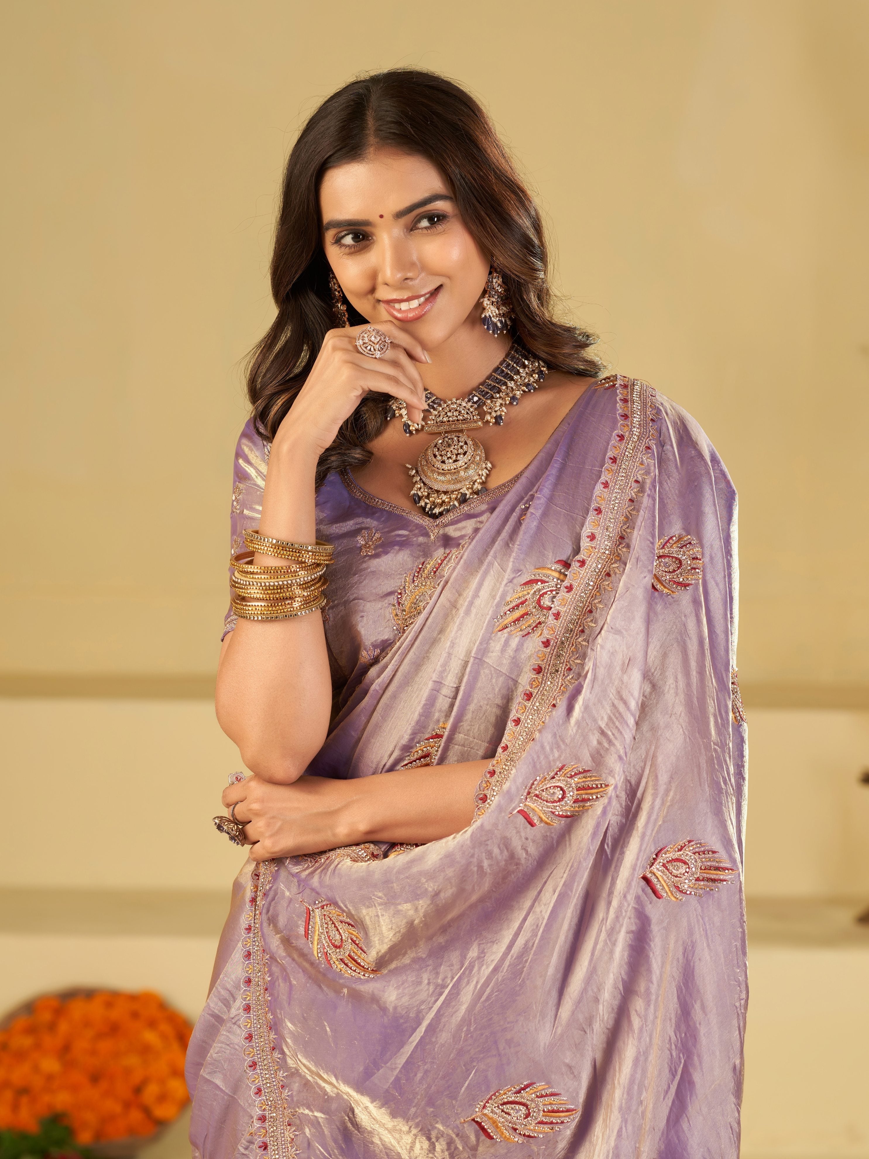 Lavender Purple Designer Fendy Satin Saree with Embroidered Leaf Motifs & Elegant Lace Border | Premium Festive Party Wear Saree with Matching Blouse