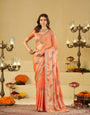 Peach Designer Fendy Satin Saree with Embroidered Leaf Motifs & Elegant Lace Border | Premium Festive Party Wear Saree with Matching Blouse