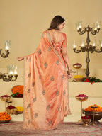 Peach Designer Fendy Satin Saree with Embroidered Leaf Motifs & Elegant Lace Border | Premium Festive Party Wear Saree with Matching Blouse