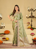 Sage Green Banarasi Silk Saree with Heavy Embroidered Scallop Border & Rich Zari Woven Pallu | Designer Wedding Festive Saree