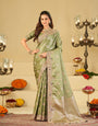 Sage Green Banarasi Silk Saree with Heavy Embroidered Scallop Border & Rich Zari Woven Pallu | Designer Wedding Festive Saree
