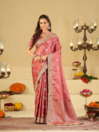 Rose Pink Banarasi Silk Saree with Heavy Embroidered Scallop Border & Rich Zari Woven Pallu | Designer Wedding Festive Saree