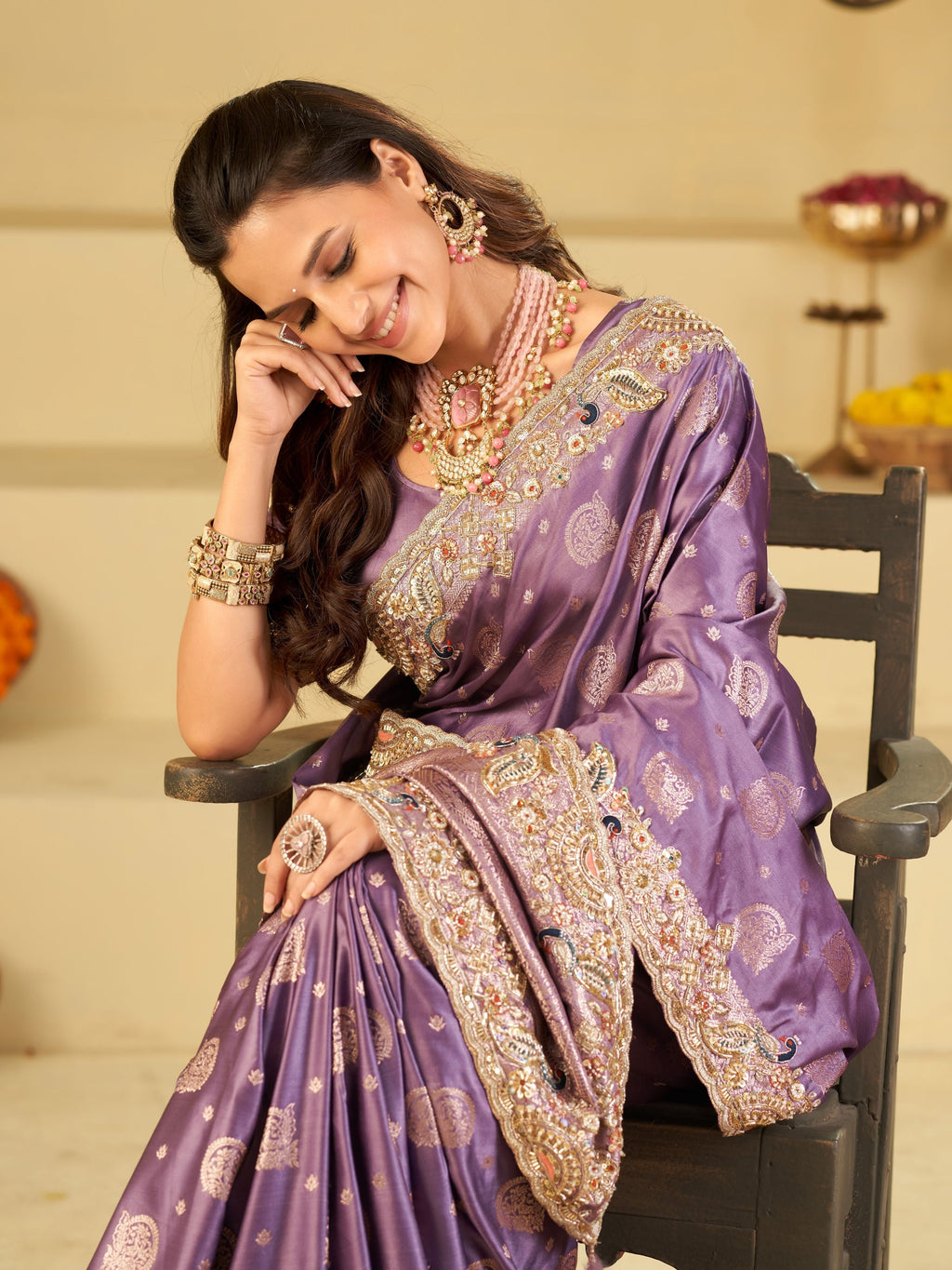 Lavender Purple Banarasi Silk Saree with Heavy Embroidered Scallop Border & Rich Zari Woven Pallu | Designer Wedding Festive Saree