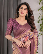 Plum Purple Handloom Linen Saree with Multicolor Floral Pallu & Antique Zari Border | 5.5m Saree + 0.8m Blouse with Tassels