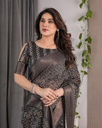 Charcoal Black Handloom Linen Saree with Ivory Tribal Bandhani Print & Zari Border | Tassel Pallu | 5.5m Saree + 0.8m Blouse