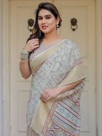 Pastel Grey Geometric Printed Handloom Cotton Saree with Woven Zari Border & Ethnic Pallu