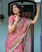 Rani Pink Handloom Cotton Saree with Yellow Floral Print & Royal Horse Pallu