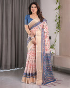 Ivory Pink Handloom Linen Saree with Multicolor Botanical Print & Navy Blue Pallu | Gold Zari Border & Tassel Detailing | 5.5m Saree + 0.8m Blouse