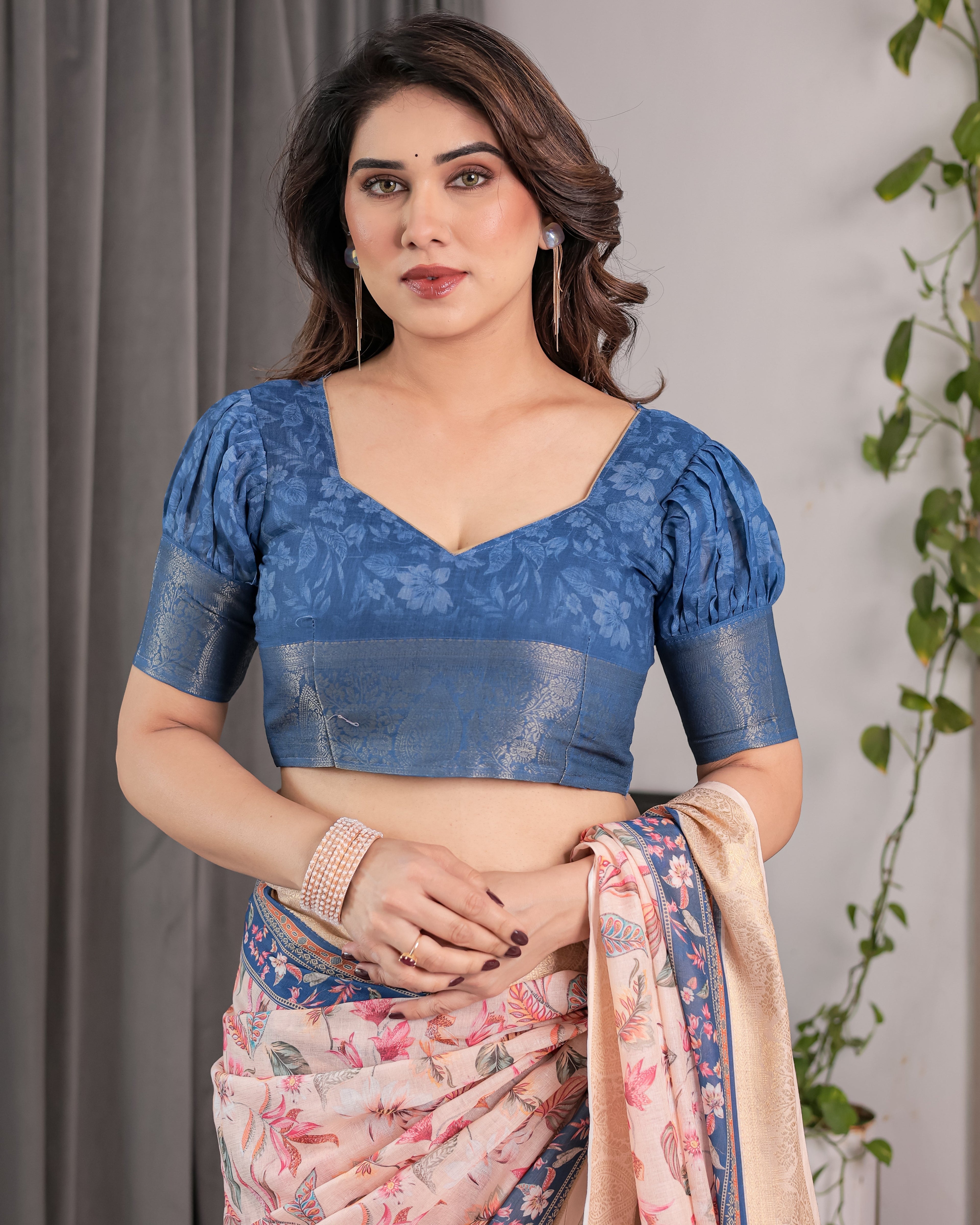 Ivory Pink Handloom Linen Saree with Multicolor Botanical Print & Navy Blue Pallu | Gold Zari Border & Tassel Detailing | 5.5m Saree + 0.8m Blouse