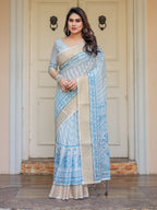 Sky Blue Floral Printed Handloom Cotton Saree with Woven Zari Border & Traditional Pallu