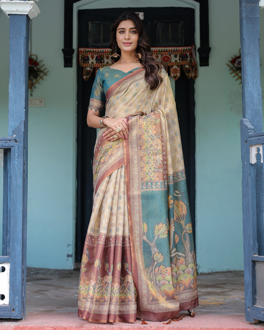 Beige Teal Handloom Cotton Saree with Diamond Buti Print & Enchanted Deer Forest Pallu