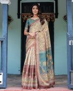 Beige Teal Handloom Cotton Saree with Diamond Buti Print & Enchanted Deer Forest Pallu