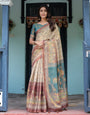Beige Teal Handloom Cotton Saree with Diamond Buti Print & Enchanted Deer Forest Pallu