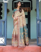 Beige Teal Handloom Cotton Saree with Diamond Buti Print & Enchanted Deer Forest Pallu