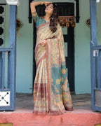 Beige Teal Handloom Cotton Saree with Diamond Buti Print & Enchanted Deer Forest Pallu