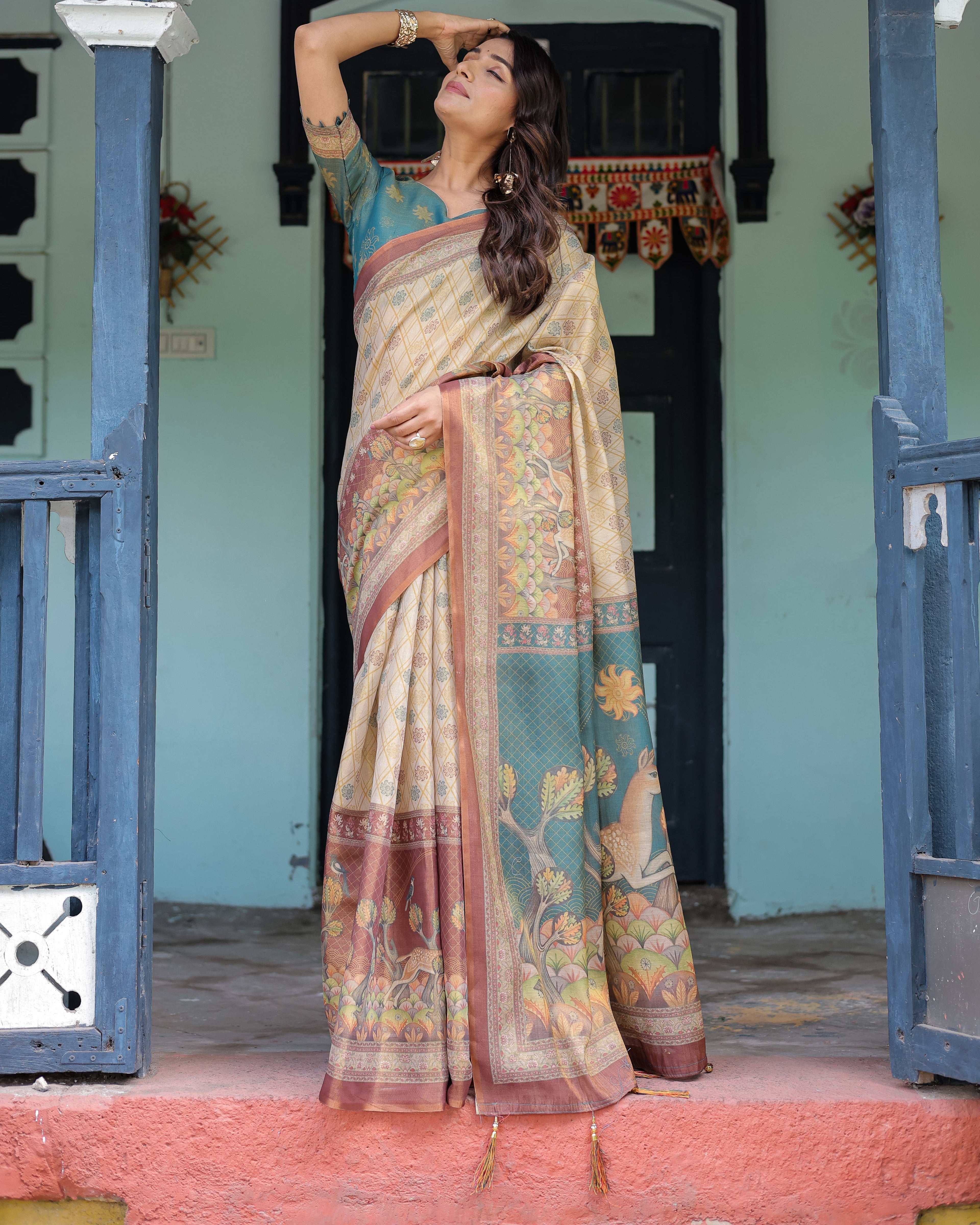 Beige Teal Handloom Cotton Saree with Diamond Buti Print & Enchanted Deer Forest Pallu
