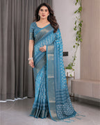 Teal Blue Handloom Linen Saree with White Ethnic Motifs & Zari Border | Artistic Pallu & Tassel Finish | 5.5m Saree + 0.8m Blouse