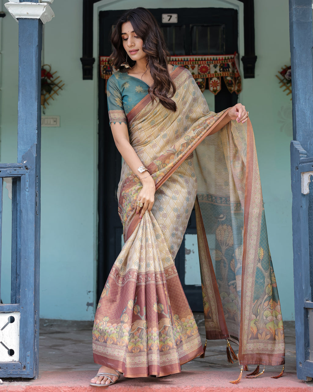 Beige Teal Handloom Cotton Saree with Diamond Buti Print & Enchanted Deer Forest Pallu