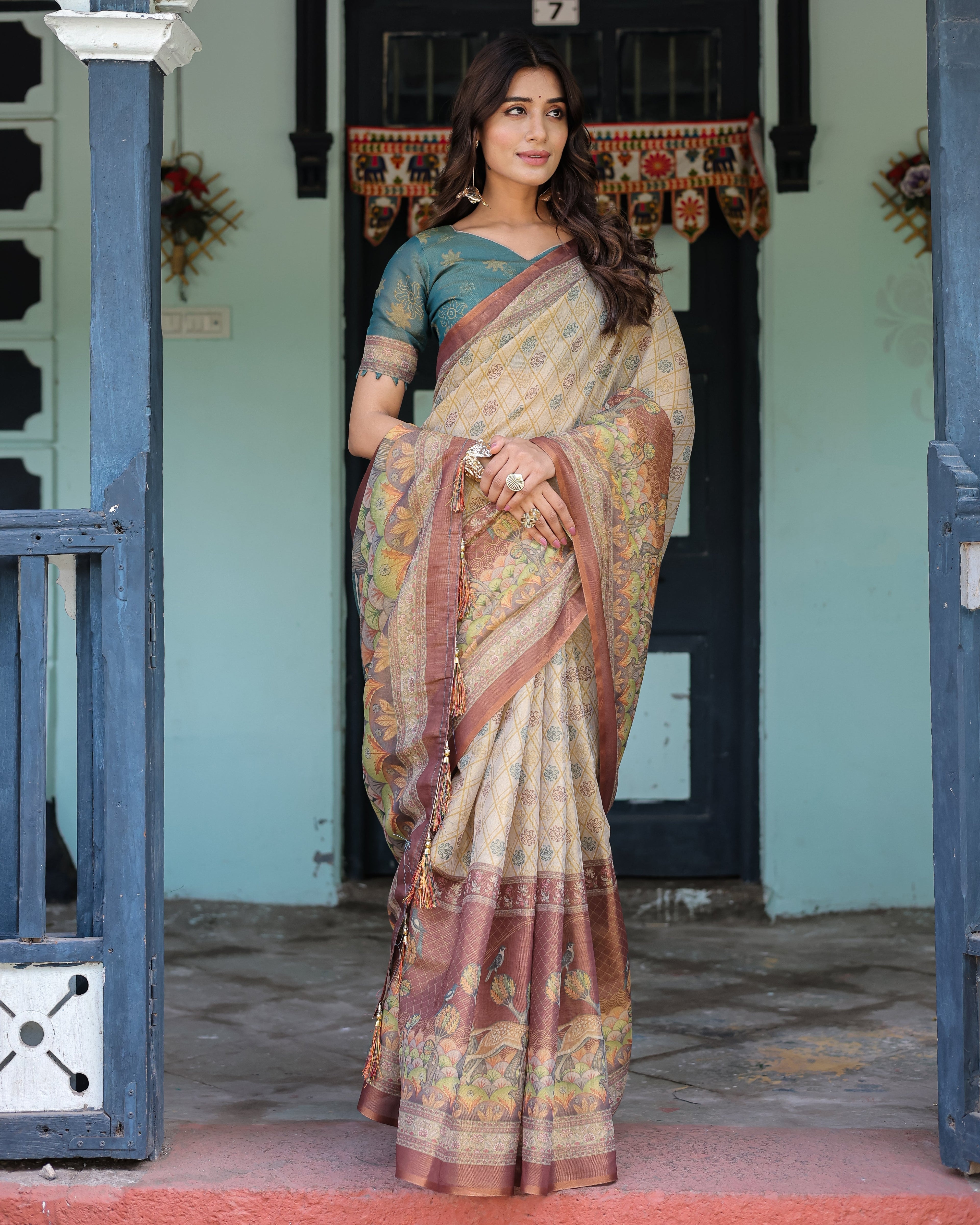 Beige Teal Handloom Cotton Saree with Diamond Buti Print & Enchanted Deer Forest Pallu