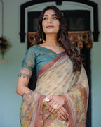 Beige Teal Handloom Cotton Saree with Diamond Buti Print & Enchanted Deer Forest Pallu