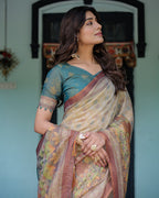 Beige Teal Handloom Cotton Saree with Diamond Buti Print & Enchanted Deer Forest Pallu
