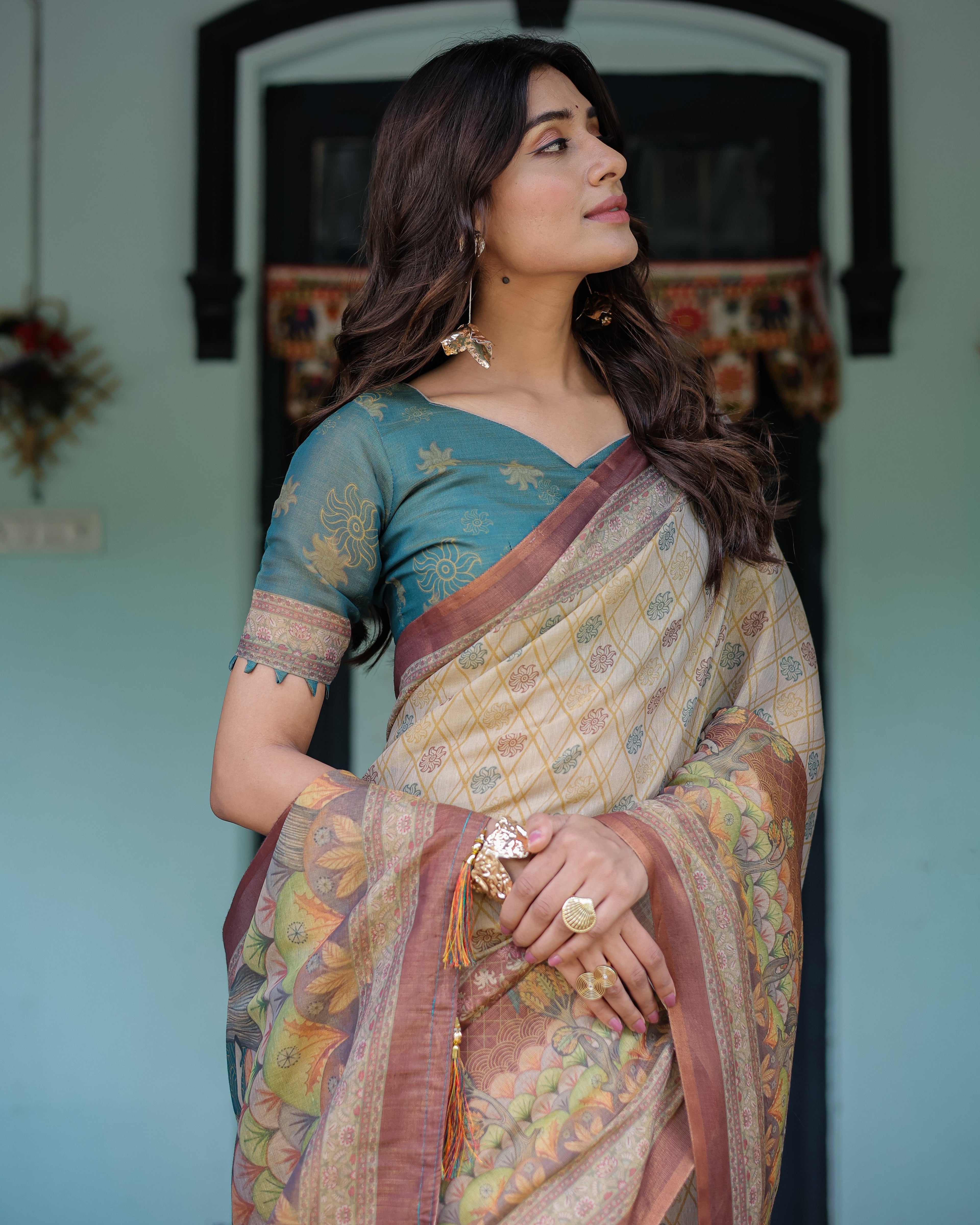 Beige Teal Handloom Cotton Saree with Diamond Buti Print & Enchanted Deer Forest Pallu