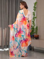 Ivory Satin Georgette Multicolor Abstract Floral Printed Saree with Attached Blouse – Flowing Designer Saree for Festive & Party Wear