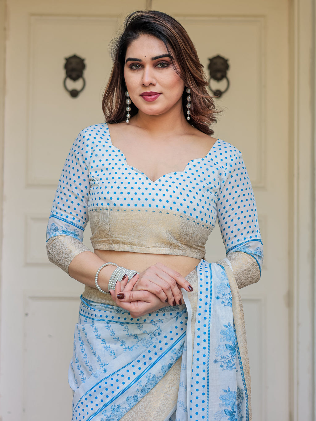 Sky Blue Floral Printed Handloom Cotton Saree with Woven Zari Border & Traditional Pallu