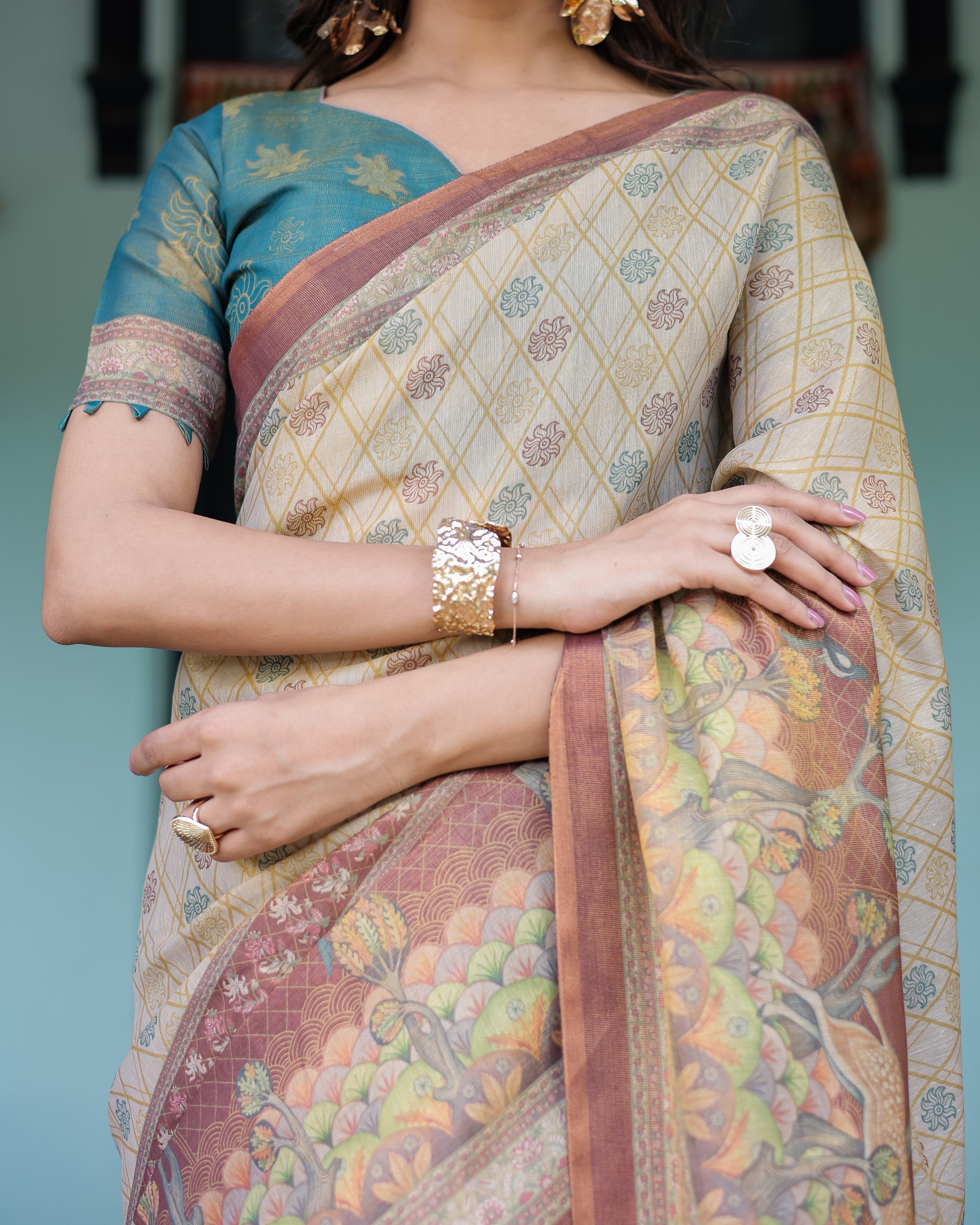 Beige Teal Handloom Cotton Saree with Diamond Buti Print & Enchanted Deer Forest Pallu