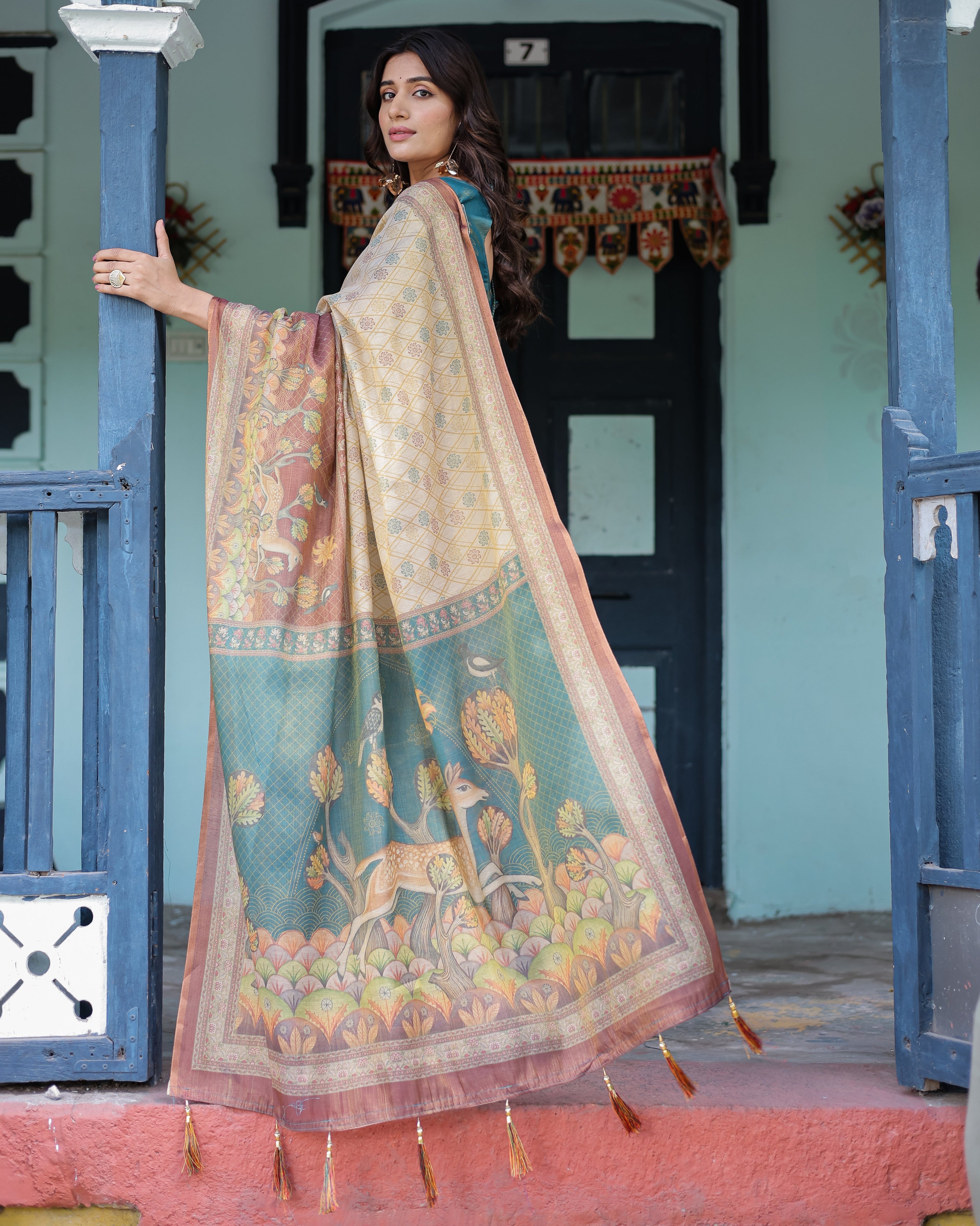 Beige Teal Handloom Cotton Saree with Diamond Buti Print & Enchanted Deer Forest Pallu