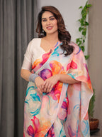 Ivory Satin Georgette Multicolor Abstract Floral Printed Saree with Attached Blouse – Flowing Designer Saree for Festive & Party Wear