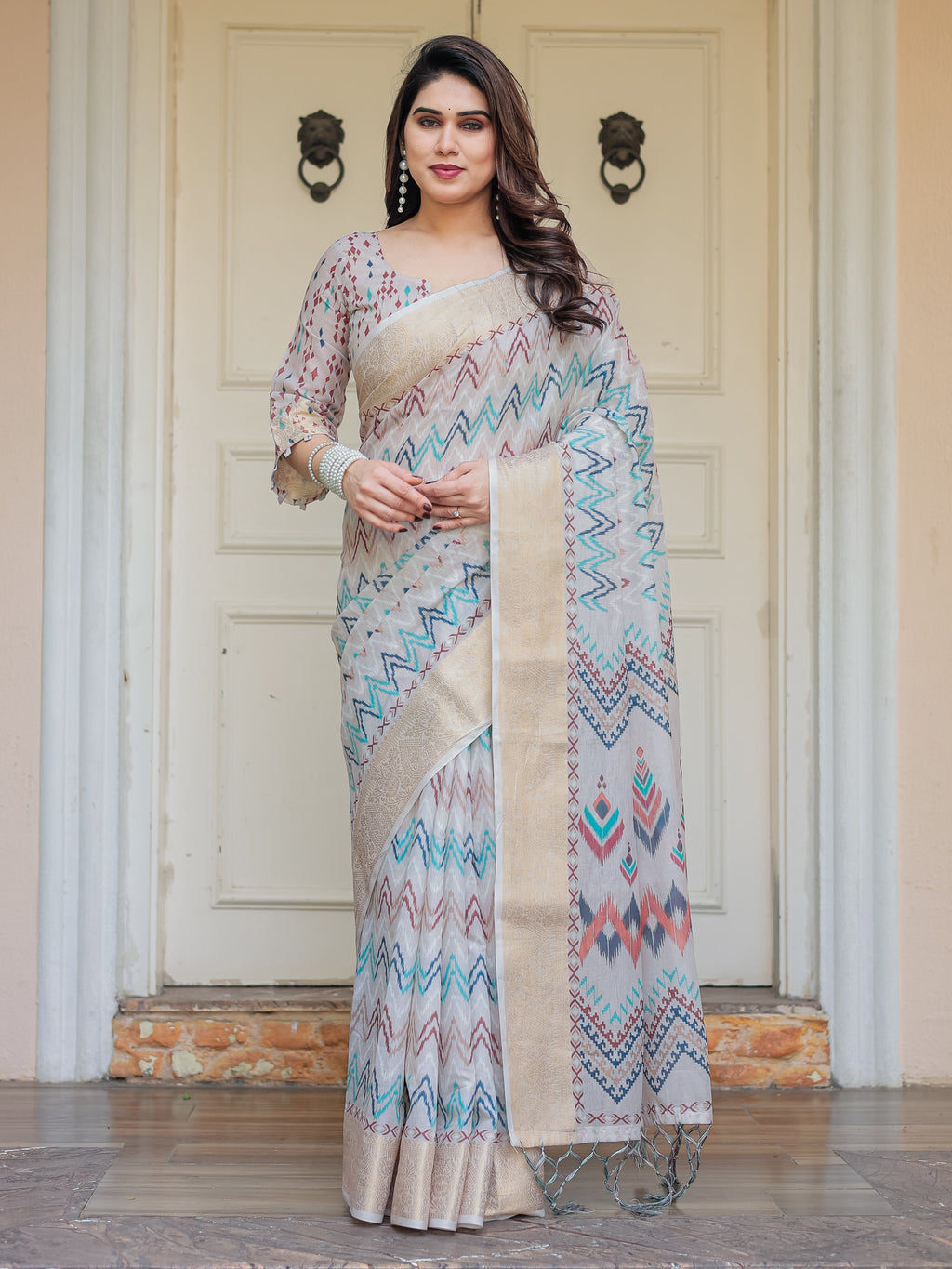 Beige Multicolour Tribal Printed Handloom Cotton Saree with Woven Zari Border & Ethnic Pallu