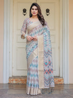 Beige Multicolour Tribal Printed Handloom Cotton Saree with Woven Zari Border & Ethnic Pallu