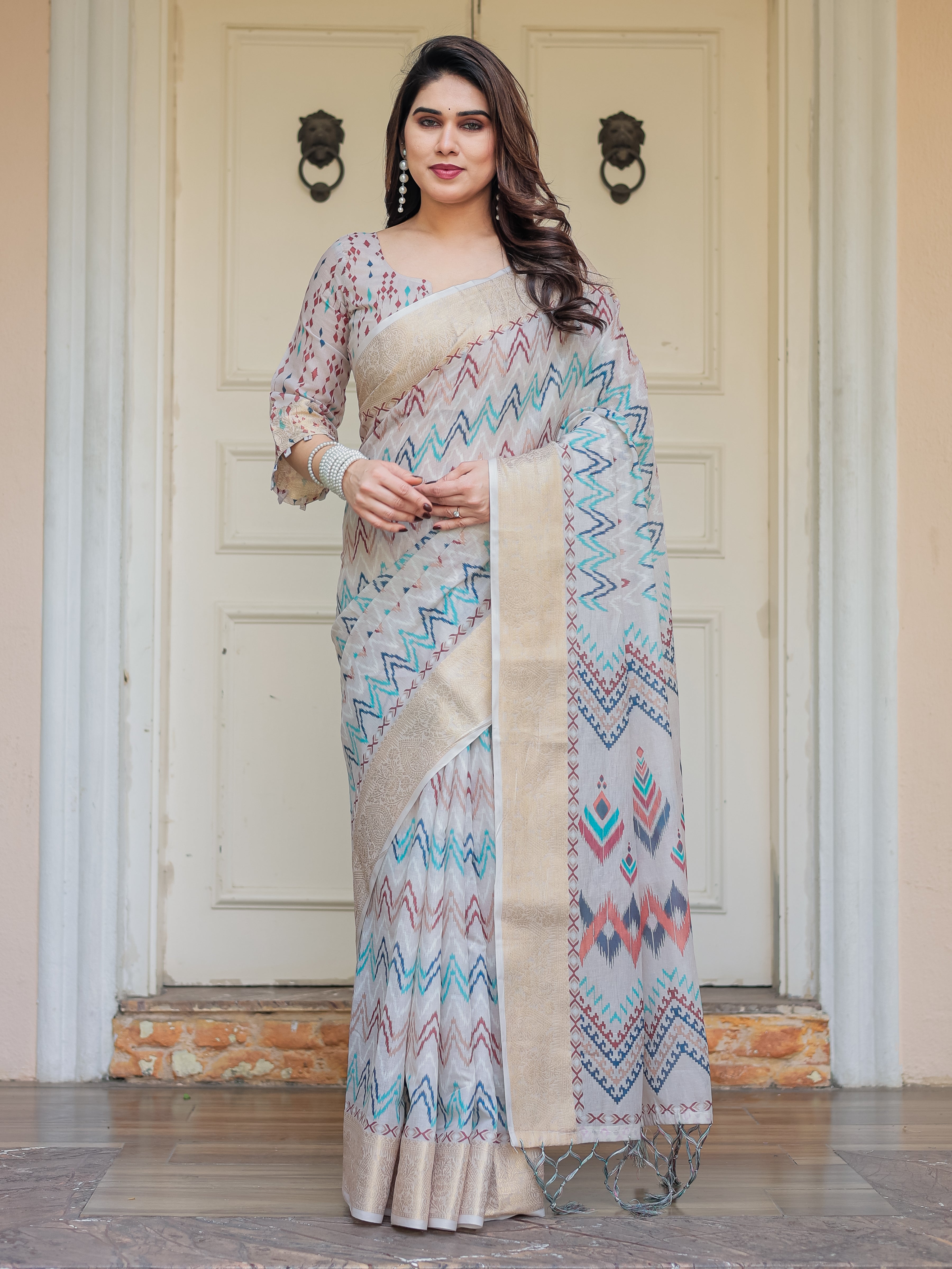 Beige Multicolour Tribal Printed Handloom Cotton Saree with Woven Zari Border & Ethnic Pallu