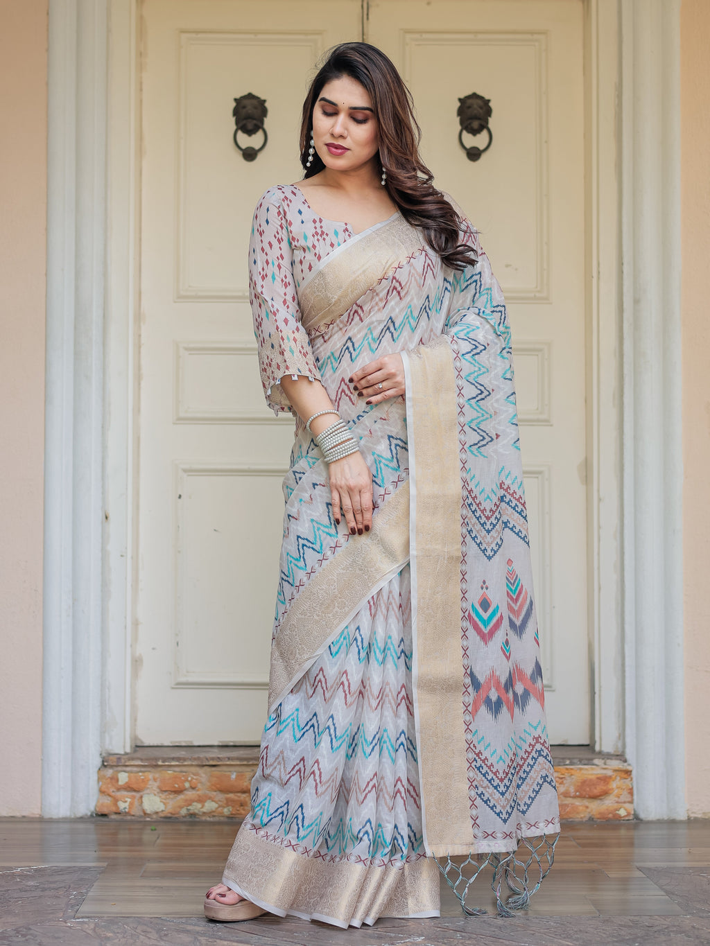 Beige Multicolour Tribal Printed Handloom Cotton Saree with Woven Zari Border & Ethnic Pallu