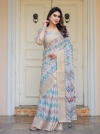 Beige Multicolour Tribal Printed Handloom Cotton Saree with Woven Zari Border & Ethnic Pallu