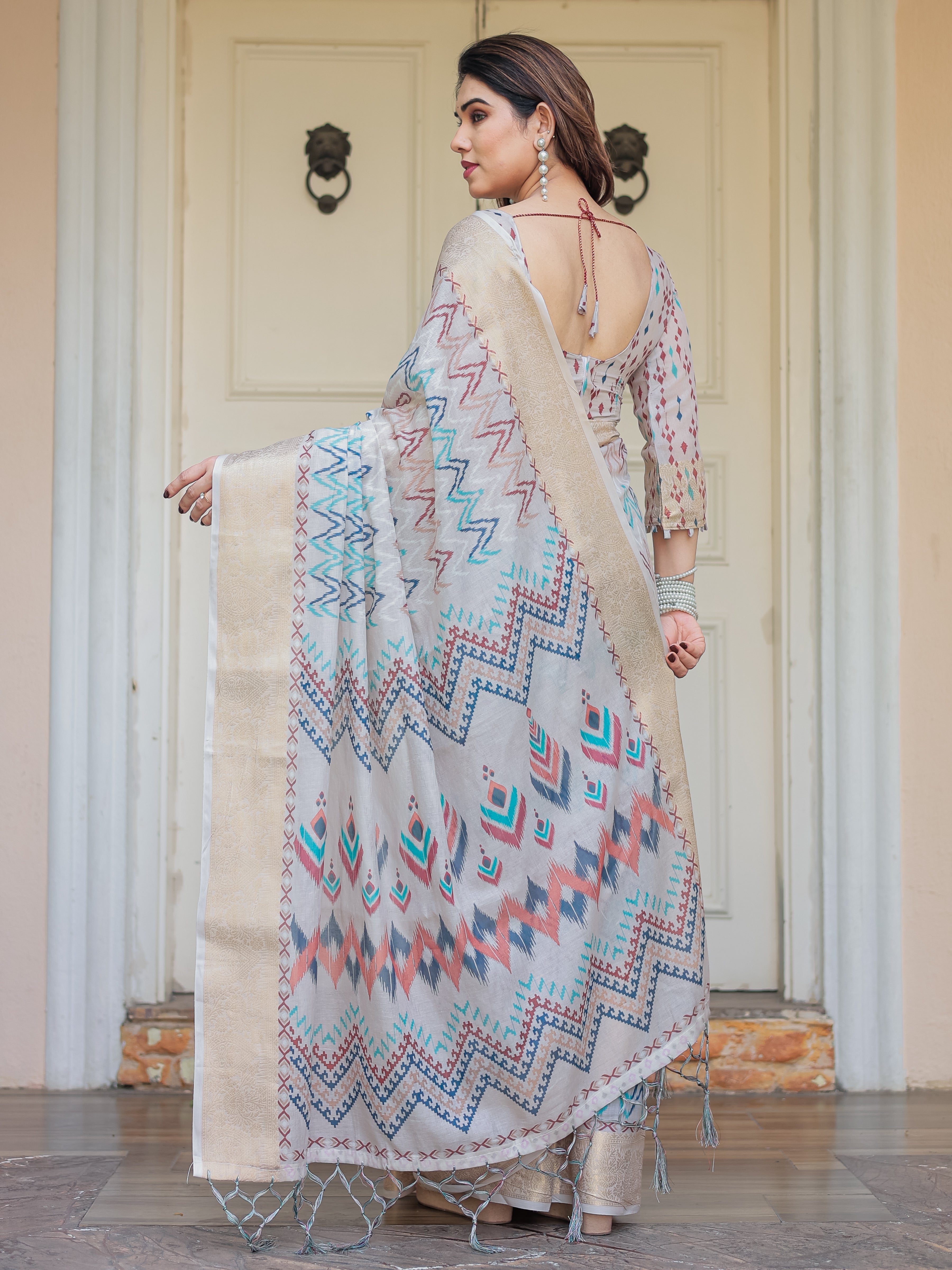 Beige Multicolour Tribal Printed Handloom Cotton Saree with Woven Zari Border & Ethnic Pallu