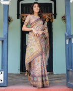 Mauve Beige Handloom Cotton Saree with Pastel Floral Print & Royal Tree-Elephant Pallu