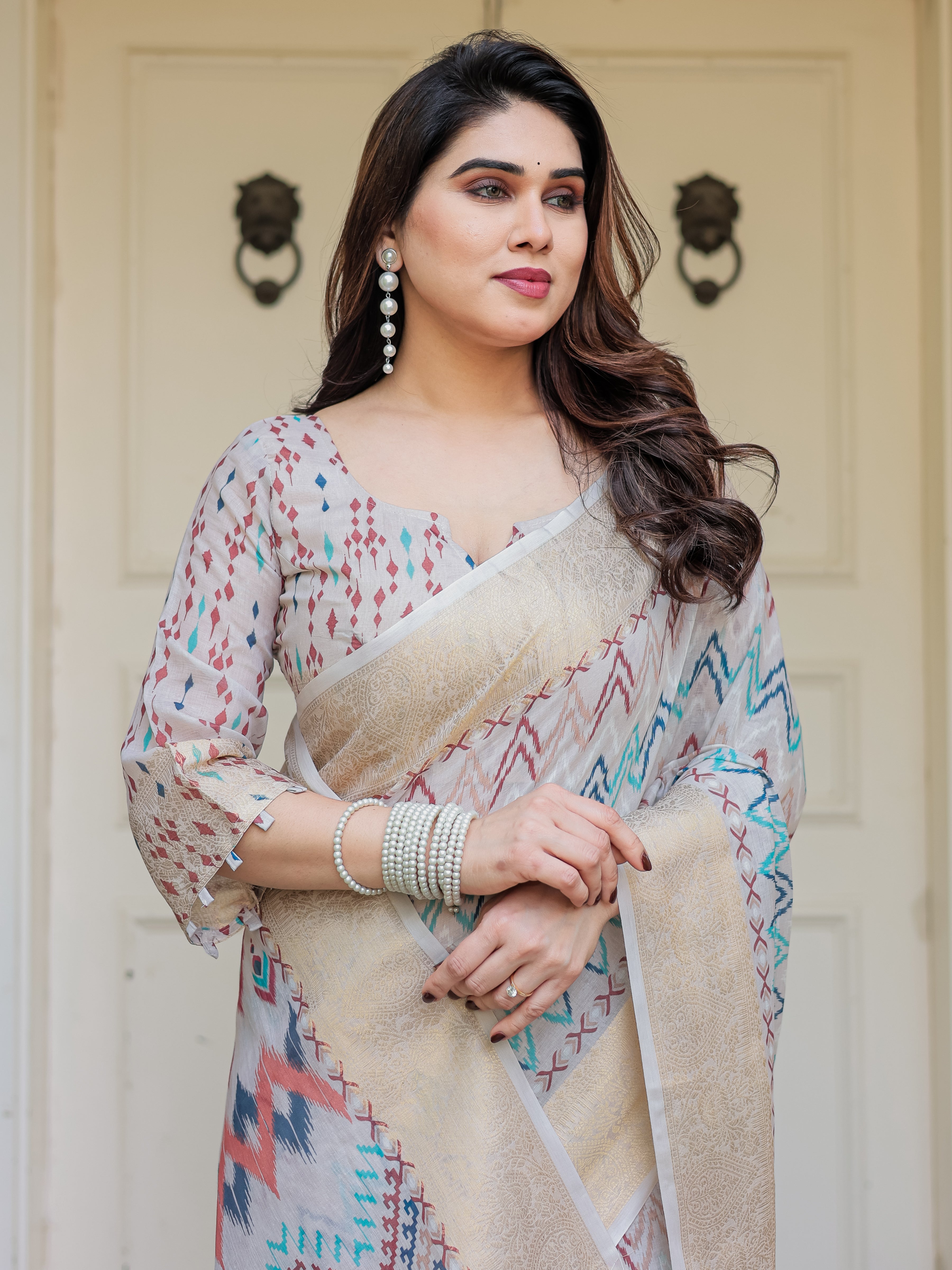 Beige Multicolour Tribal Printed Handloom Cotton Saree with Woven Zari Border & Ethnic Pallu