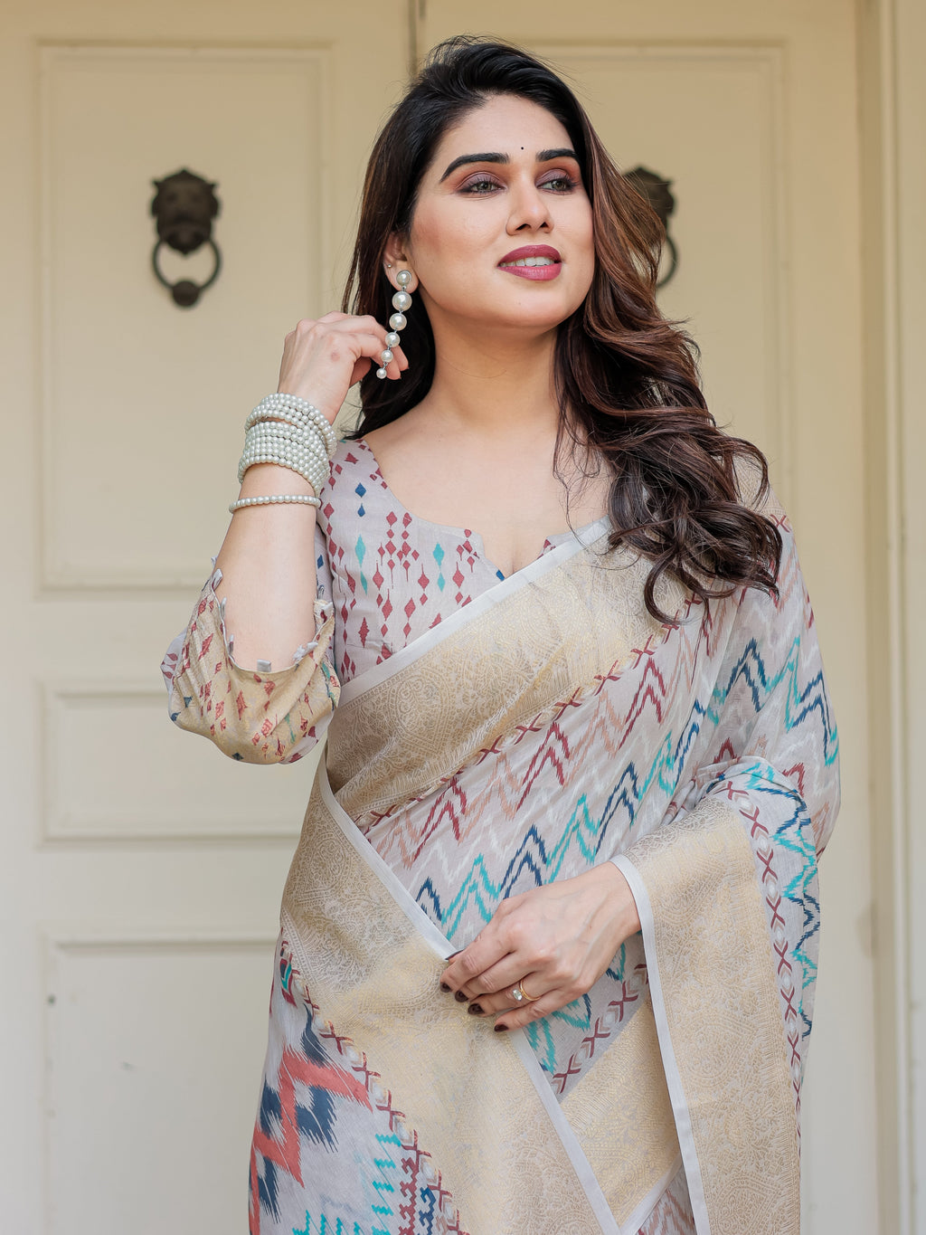 Beige Multicolour Tribal Printed Handloom Cotton Saree with Woven Zari Border & Ethnic Pallu