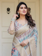 Beige Multicolour Tribal Printed Handloom Cotton Saree with Woven Zari Border & Ethnic Pallu