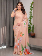 Peach Satin Georgette Floral Printed Saree with Attached Blouse – Soft Pastel Designer Saree for Festive & Elegant Wear